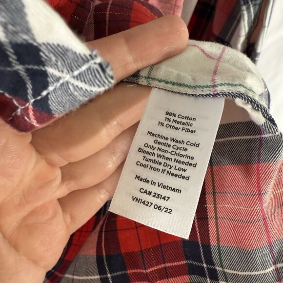 Talbots Blouse Women's Medium Red White Metallic Plaid Button Up Long Sleeve - Picture 6 of 9